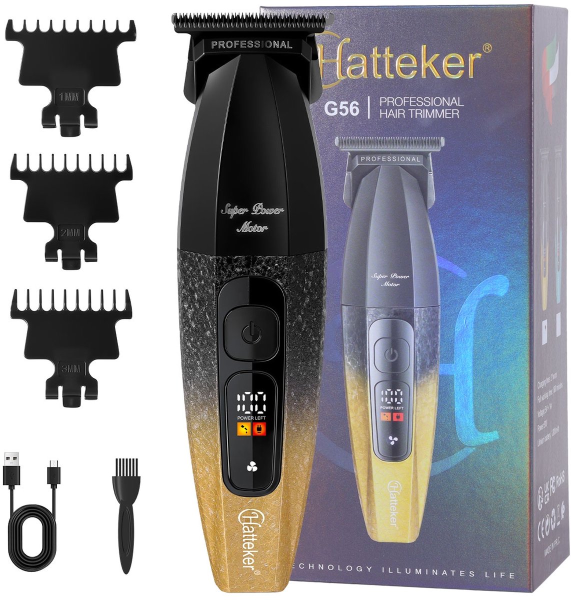 HATTEKER Tondeuse en Baardtrimmer – 8000 RPM – Keramisch Mes – LED-display – 180 min – Geel