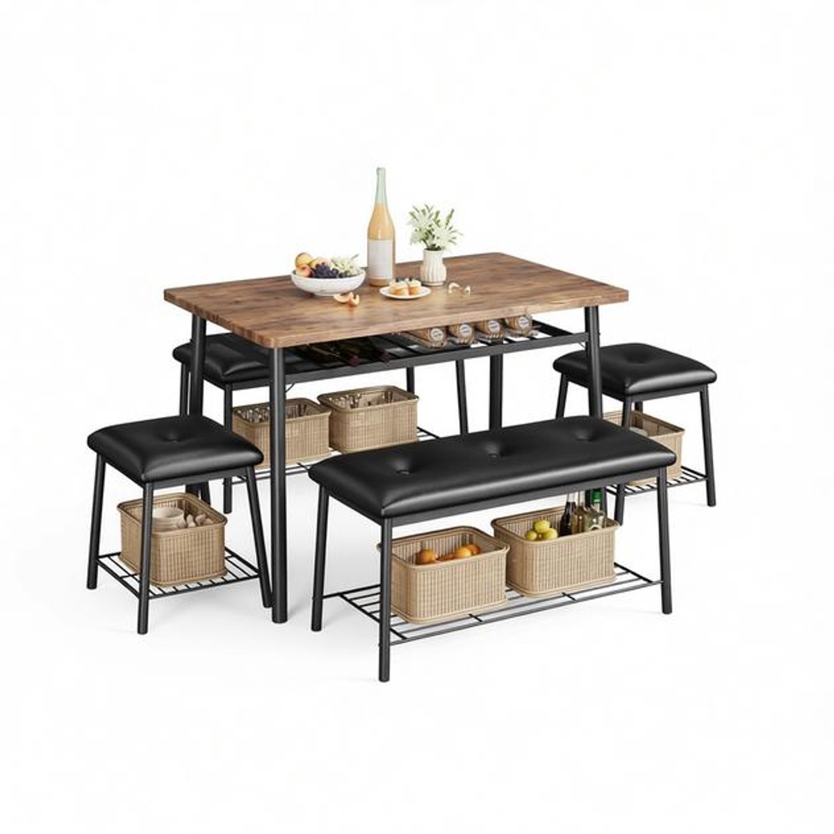 Zwarte Houten Eetkamer Set voor 4 Personen Compacte Boerderij Tafel Geklede Bank 2 Gestoffeerde Stoelen Kleine Ruimte Keuken Meubels voor Appartement Eetkamer.