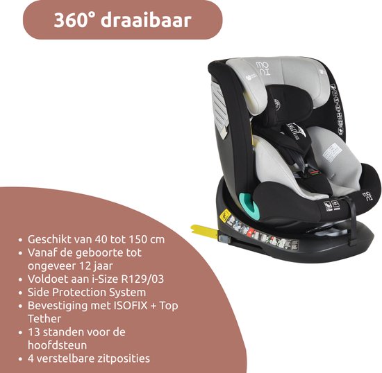 Moni Serengeti Light Grey 40-150 cm i-Size 360° Autostoel 111038 van Moni — afbeelding 3