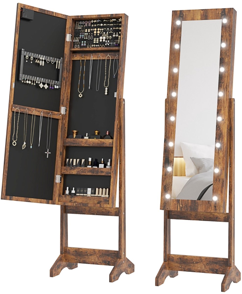 Sieradenkast - Vrijstaande opbergkast - Sieradendoos met spiegel - Multifunctionele opbergkast - 36x30x136cm - Geschikt voor slaapkamers, kleedkamers en badkamers - Lichtbruin