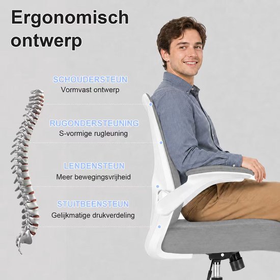 Grijze bureaustoel met ergonomische rugleuning, lendensteun en schoudersteun. De rugleuning heeft een S-vormige curve voor rugondersteuning.