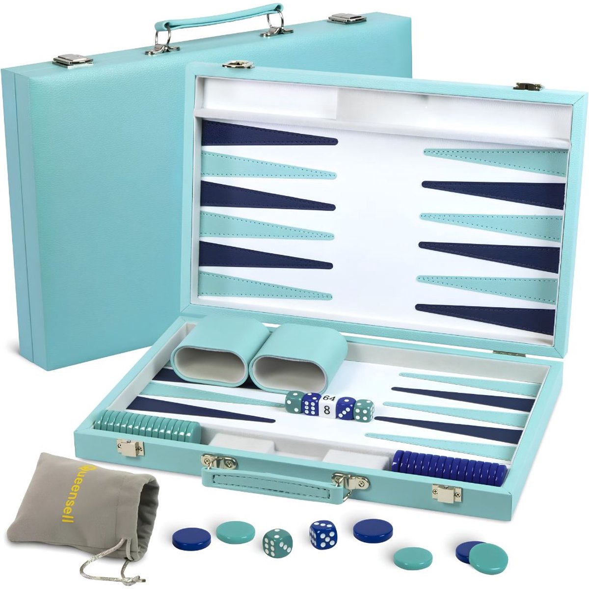 NIVA® Backgammon - Luxe Reiseditie - Backgammon Koffer - Turkoois - 38cm x 8cm x 1cm