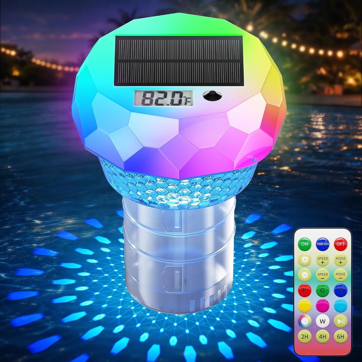 Drijvende chloordispenser op zonne-energie (3 inch) met thermometer, RGB-verlichting en afstandsbediening – Waterdichte chloordrijver met timer voor buitenzwembad, hottub en spa