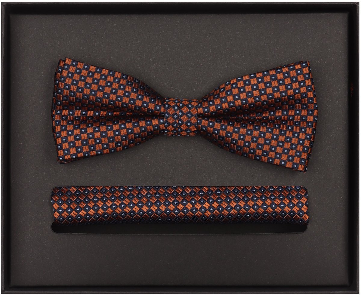 VENTI set met vlinderdas en pochet - oranje met blauw en wit dessin