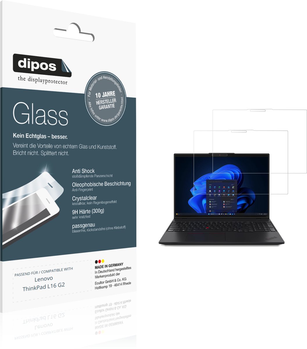 dipos – 2x Pantserfolie geschikt voor Lenovo ThinkPad L16 G2 | 9H Screenprotector
