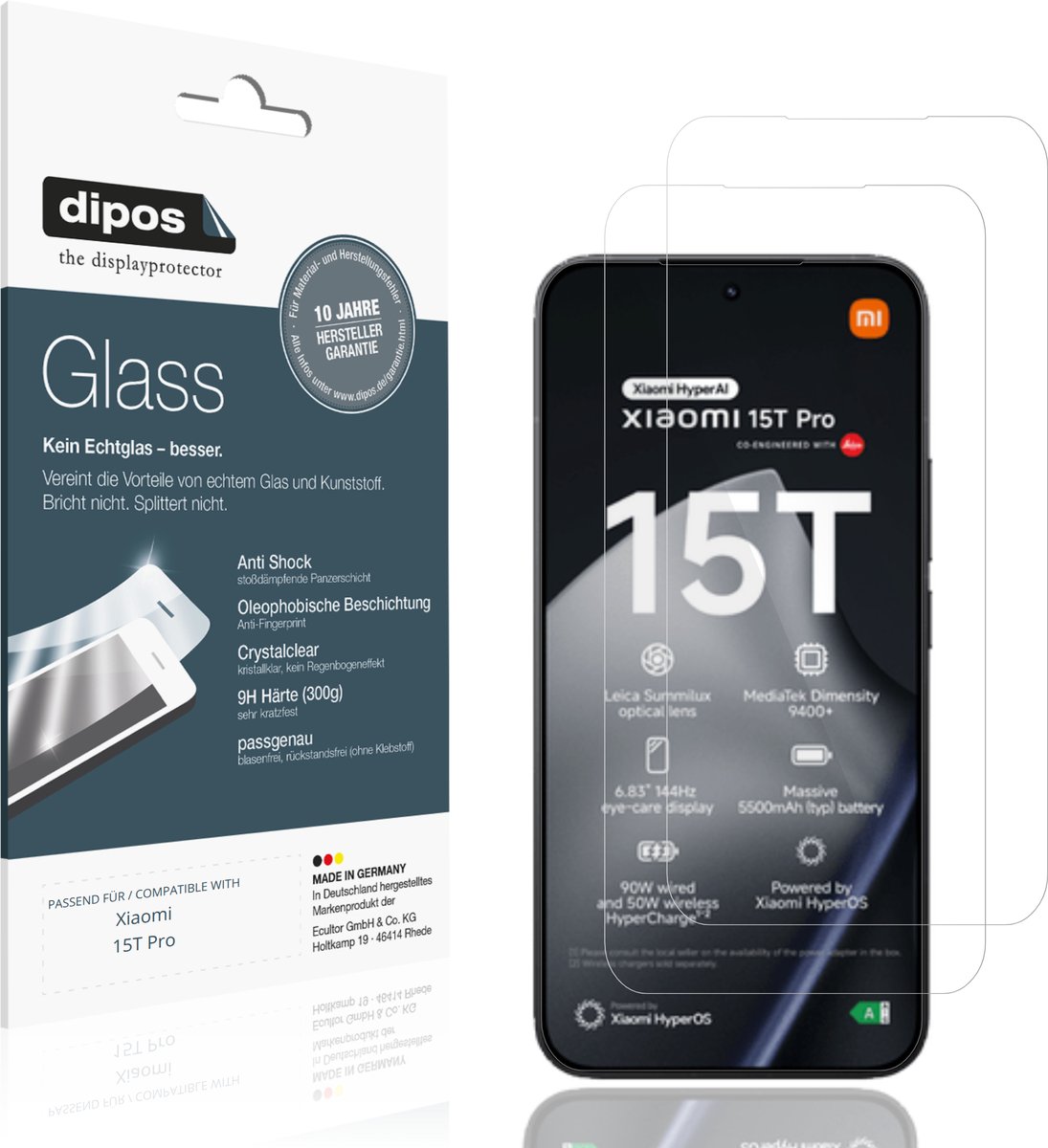 dipos – 2x Pantserfolie geschikt voor Xiaomi 15T Pro | 9H Screenprotector