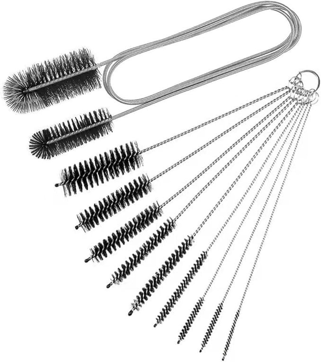 Flexibele afvoerborstel set van 10 stuks, roestvrijstalen pijpreiniger met nylon borstelharen, 155 cm lang, voor gootsteen, rietjes en CPAP-slangen