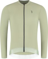 Langere mouwen fietsshirt in lichtgroen met zwarte rits, reflecterende band en logo.