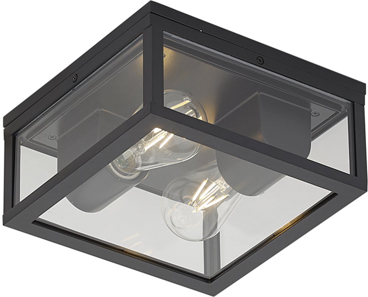 Qazqa industriele plafondlamp, plafonniere voor in de tuin - Charlois - zwart, max. 15W, geschikt voor led, 24cm, IP44, vierkant, 2-lichts