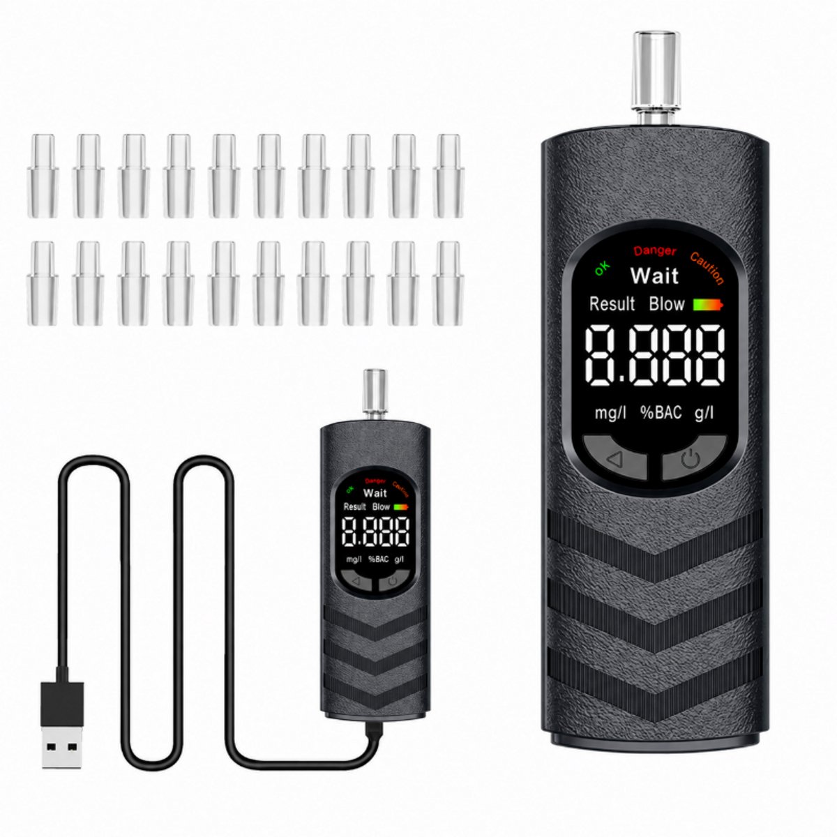 Professionele Draagbare Alcoholtester met USB-C Oplaadbare Accu - Nauwkeurige Promille Tester met LCD Scherm - Inclusief 20 Mondstukken - Zwart - 10x3.8x17.8 cm