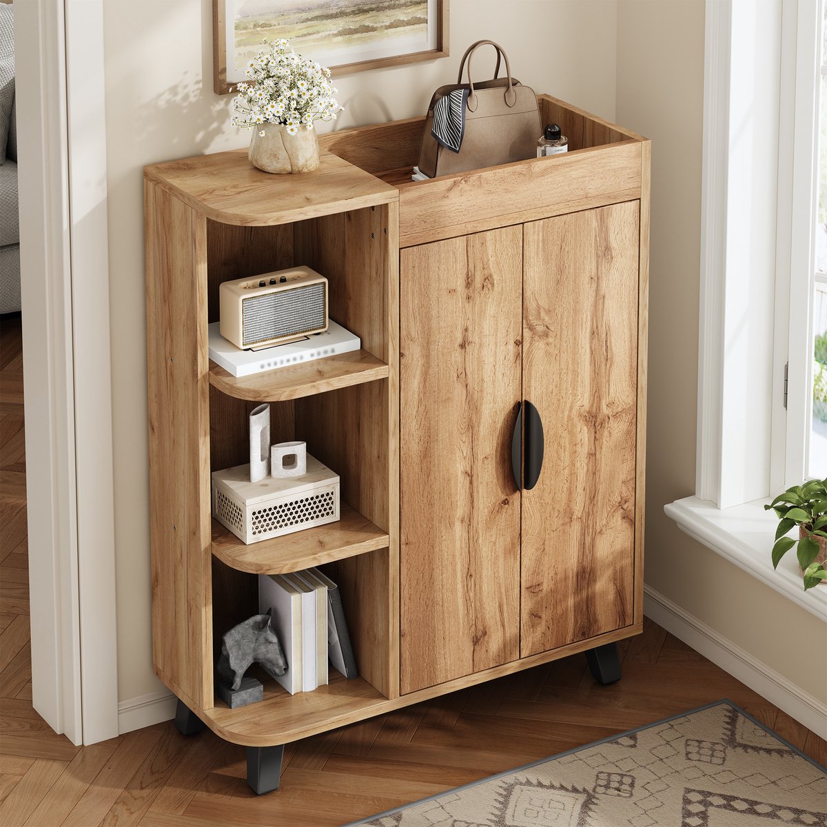 STILVORA Schoenenkast - Smal Staand Kastmodel Met Open Vak En Dubbele Deuren - Voor Hal En Kleine Ruimtes - Spaanplaat - Natural - 80x32x99 Cm