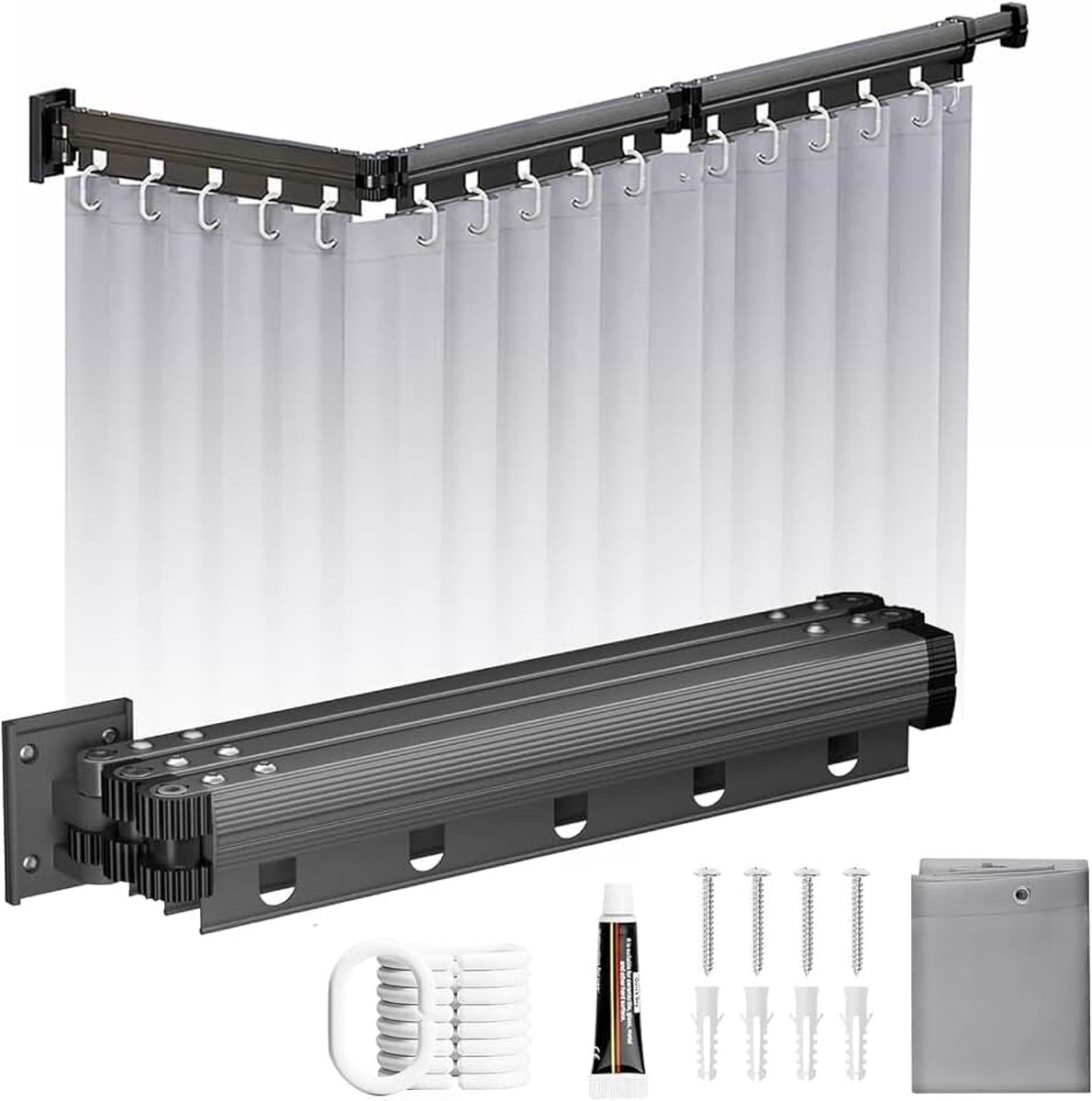 Douchegordijnstang 126 cm met douchegordijn 120 x 200 cm - 3-voudig inklapbaar, L-/U-vorm, montage zonder boren, hoekdouchestang voor badkamer (penvrij lijm/gatstansmodel)