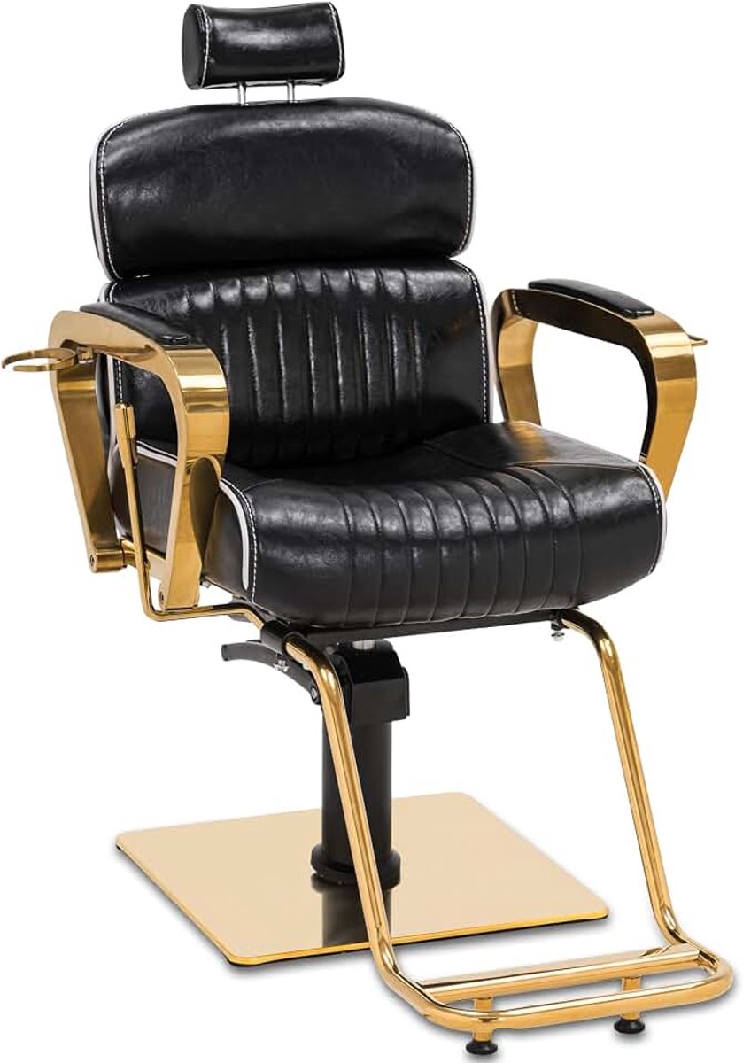 Kappersstoel met hoofdsteun, kappersstoel, in hoogte verstelbaar, kantelbaar, voor heren en dames, kappersinrichting, bedieningsstoel, vintage retro, kunstleer, 3078 (zwart-goud)