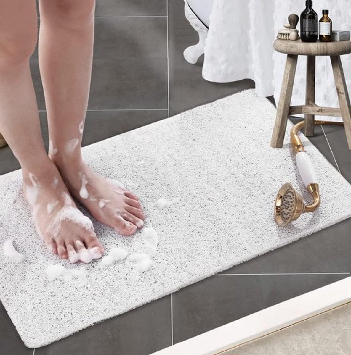 Antislip Badmat 60x40 cm van Rubber, Extra Zacht en Schimmelbestendig, Machinewasbaar voor Badkamer en Douchevloer (Wit)