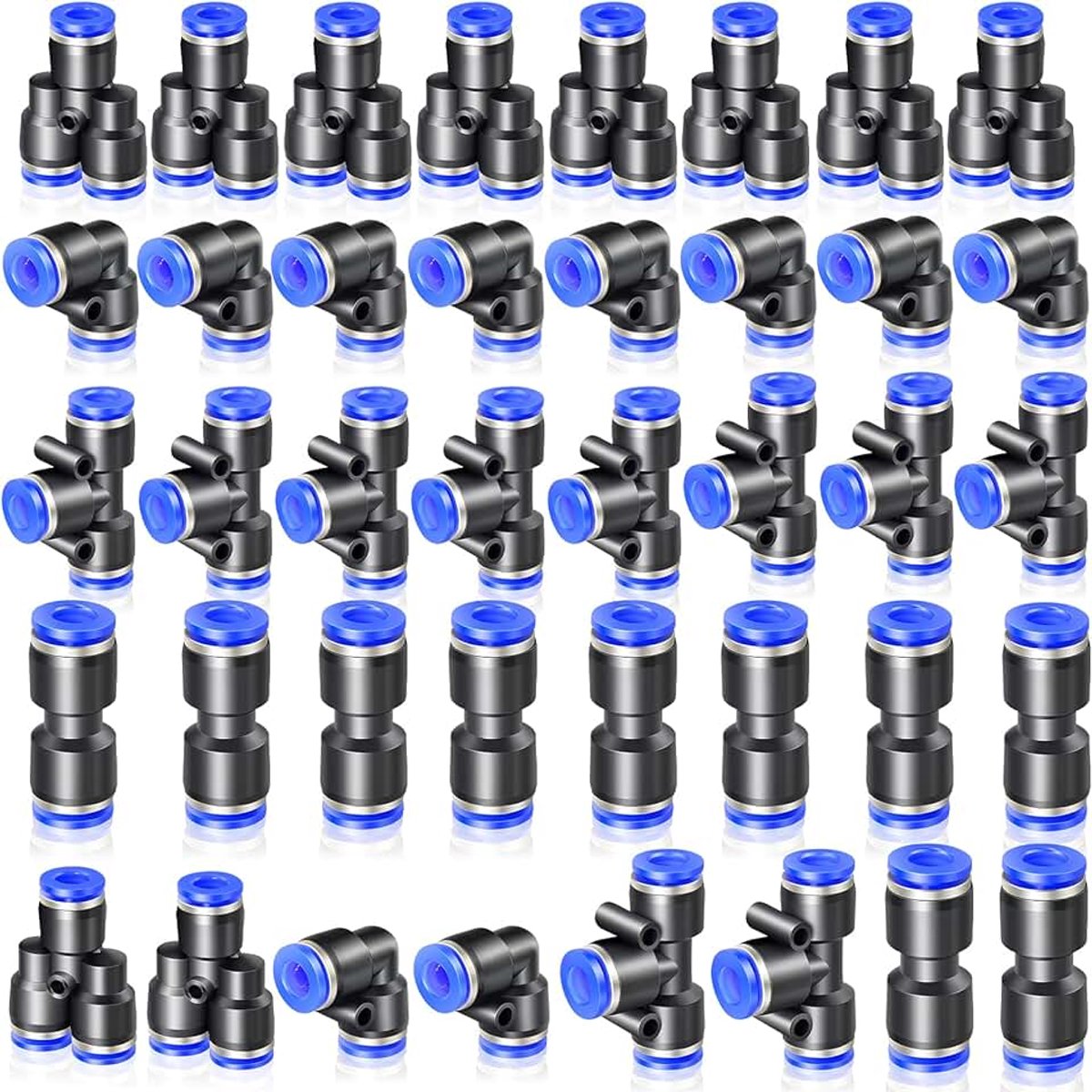 40 Pcs 8mm OD Push To Connect Fitting Kits, 10 Straights 10 Ellebogen 10 Tee 10 Splitters