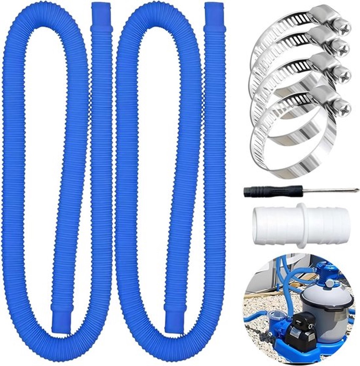 Verlengslang voor zwembad 150 cm Ø 32 mm met 4 metalen veiligheidsclips, blauw en duurzaam