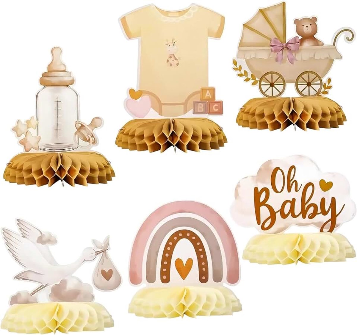 6 stuks babyshower-tafeldecoratie met ooievaar, geboortemotief, honingraat middenstuk, tafeldecoratie voor babyshowerfeest.