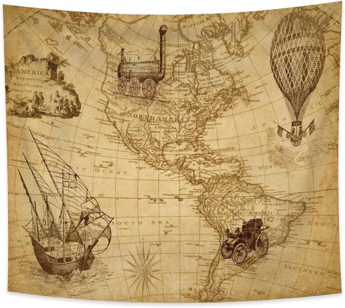 180x160cm Wereldkaart Tapijtwerk wandkleden, Amerikaans continent Industrieel tijdperk Uitvinding Deken voor kamer Oude eeuw Avontuur Historische ontdekking voor school Klas kamer Slaapzaal