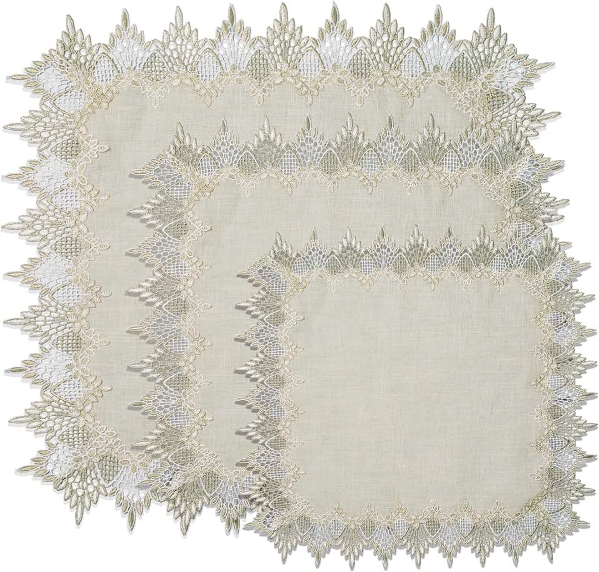 3 stuks vierkant kanten kleedje, hol linnen tafelkleed, geborduurde tafeltopper, kanten placemats voor dressoirs en eindtafels, hoes 40 cm, 50 cm, 60 cm