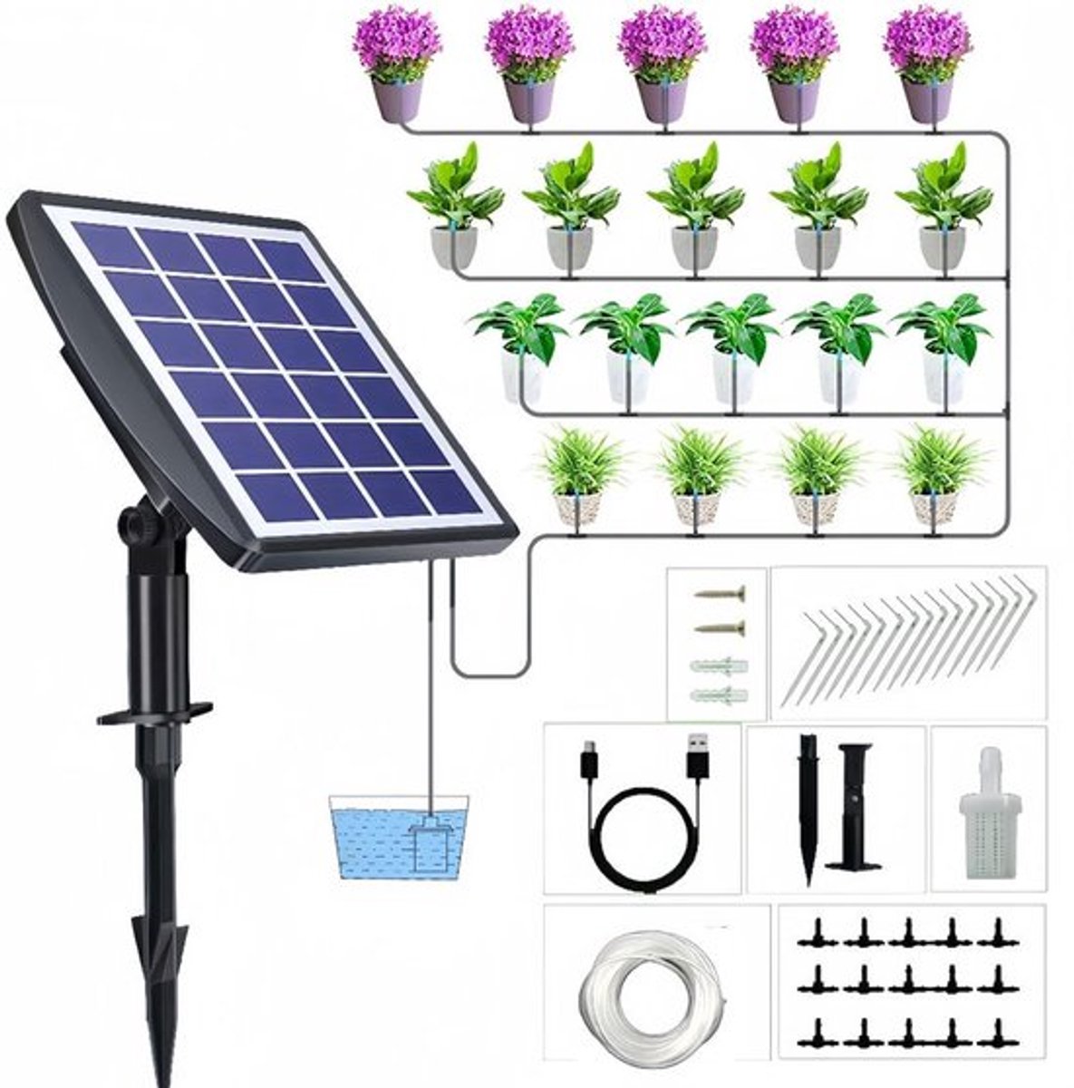 Automatisch irrigatiesysteem op zonne-energie met timer, bediening op twee niveaus en automatische bewatering; kan 15 potplanten tegelijk bewateren; geschikt voor tuinen en balkons.