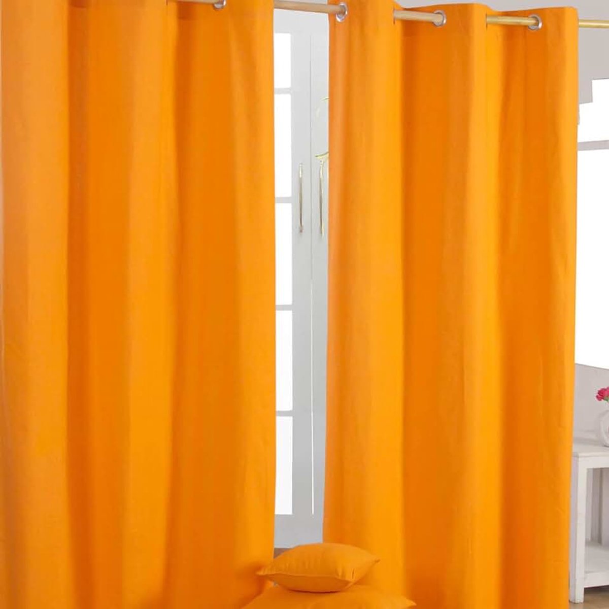 Paar van Kant-en-klare Zware Ongevoerde Gordijnen Oogje Top Eenvoudig Onderhoudsvriendelijk Wasbaar 100% Katoen Oranje