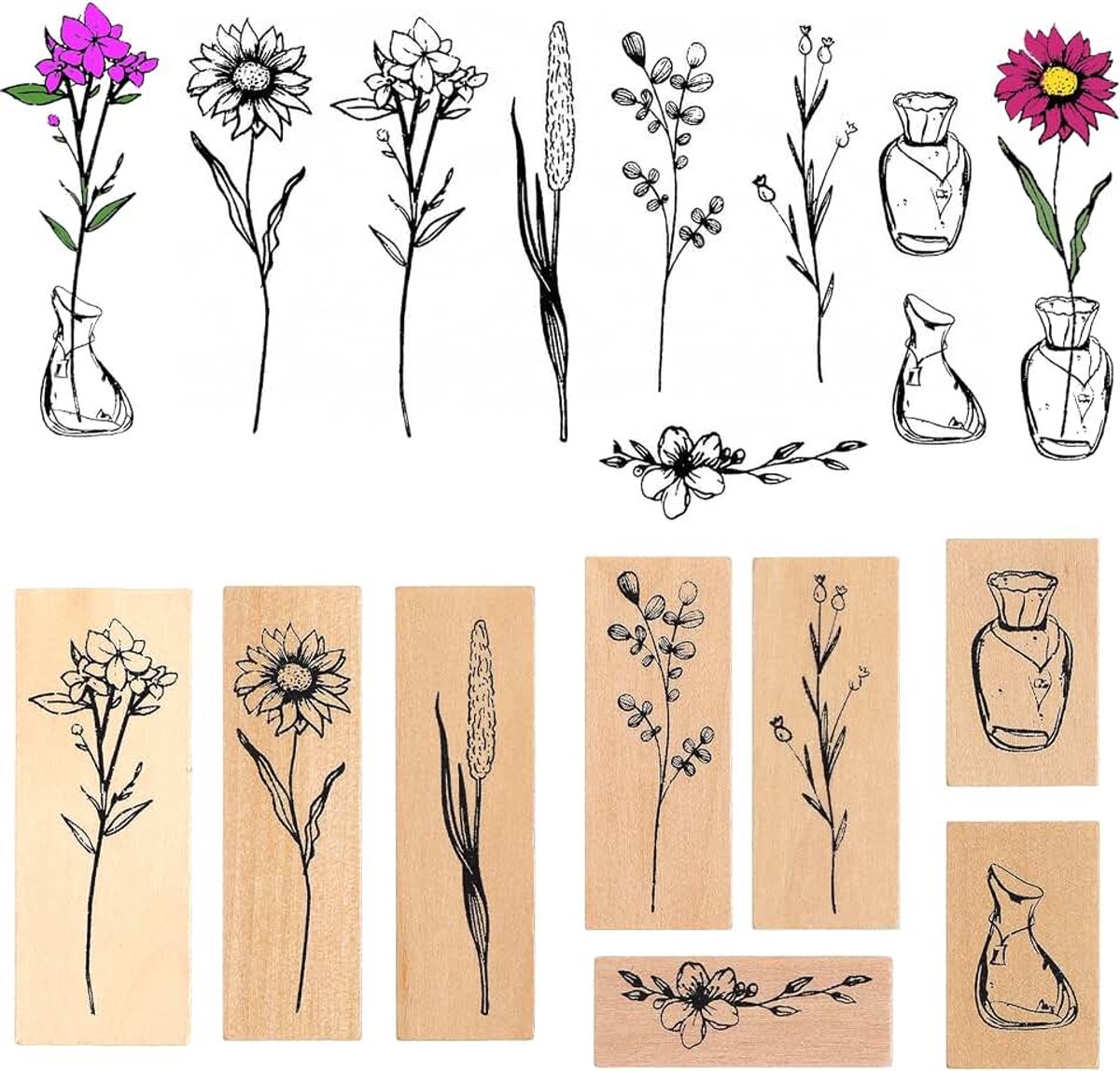 Houten stempels, bloemen en vazen stempelset, plantenpatronen, stempel hout, natuurlijke planten, bloemen, vintage motiefstempel, voor doe-het-zelf handwerk, knutselen, scrapbooking (2
