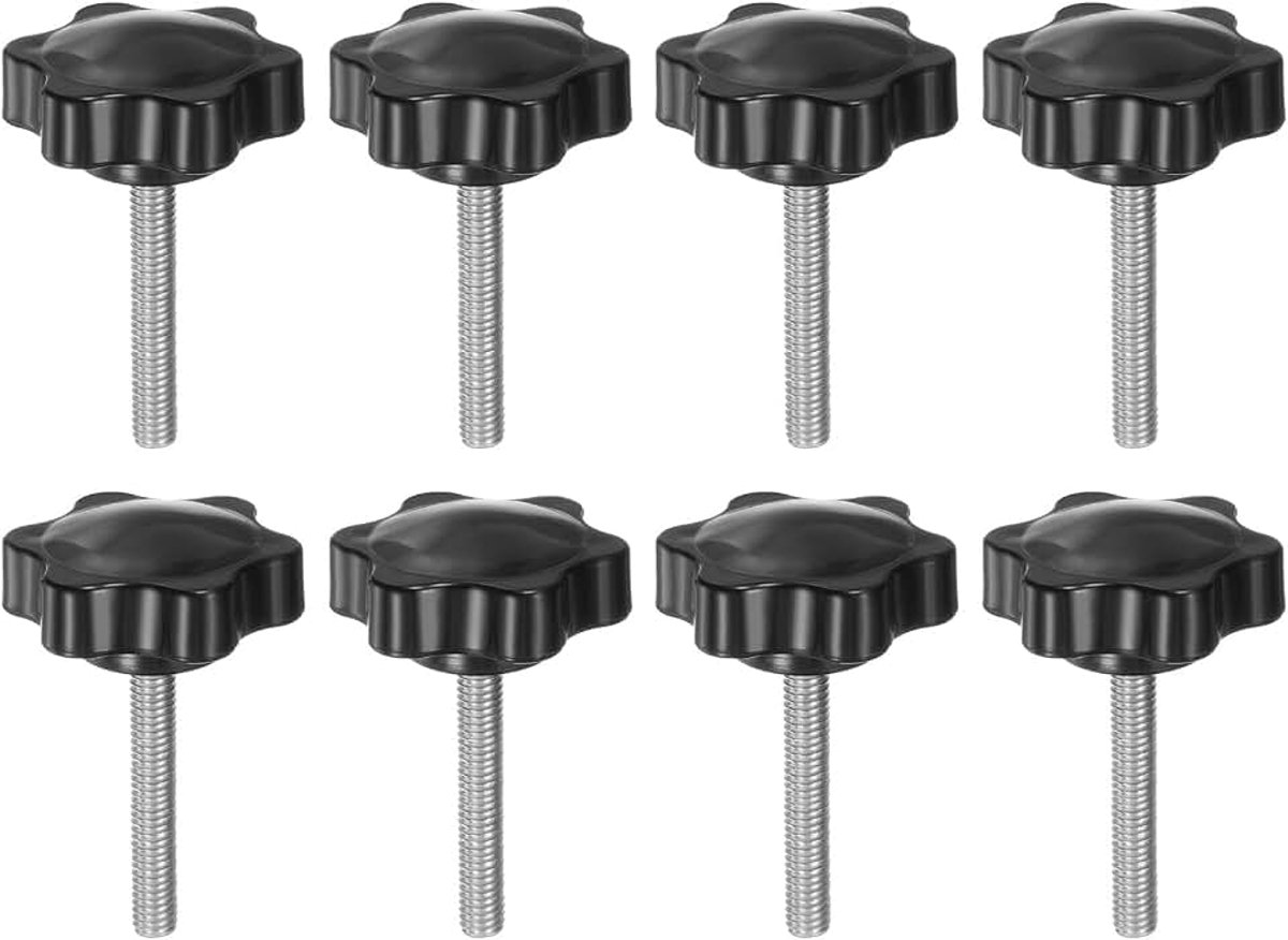 8 stuks sterknoppen M6 x 40 mm schroefdraad van roestvrij staal 304 38 mm kunststof draaiknop spanknop gekartelde kopschroef handmatig spannen 6 sterren handvat, zwart
