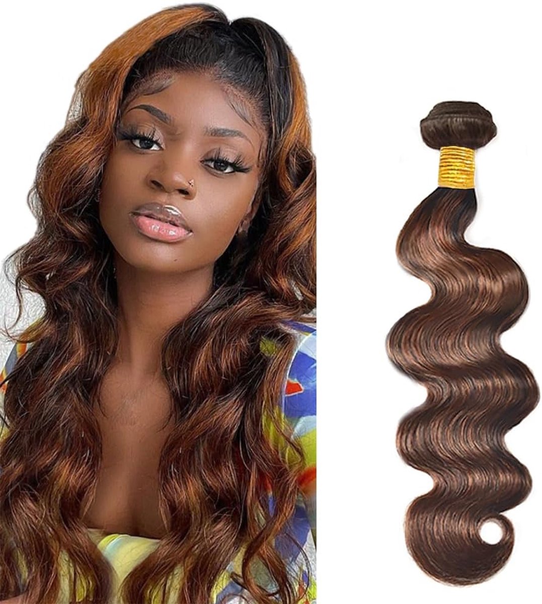 Hair Extensions Body Wave Human Hair Bundles Sew in Bundles P4/30 Highlight Brown Unprocessed Virgin Extensions Double Weft Minimal Smell Low Tangle for Women 1 Bundle 14 Inch