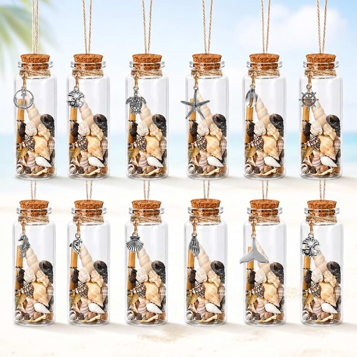 Set van 12 maritieme kerstversieringen, glazen flessen met schelpen en mini-letterrollen, ideaal voor de kerstboom, als kust- en stranddecoratie en als gastgeschenk voor bruiloften