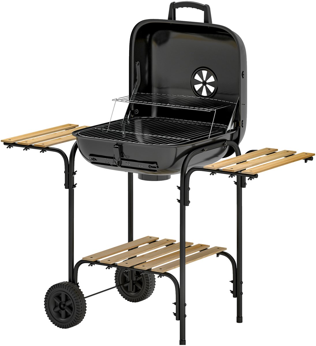 Houtskoolbarbecue van staal, barbecuewagen met afsluitbaar deksel, grillrooster, wielen, handgreep, houten legplank, 98 x 54 x 91 cm, zwart