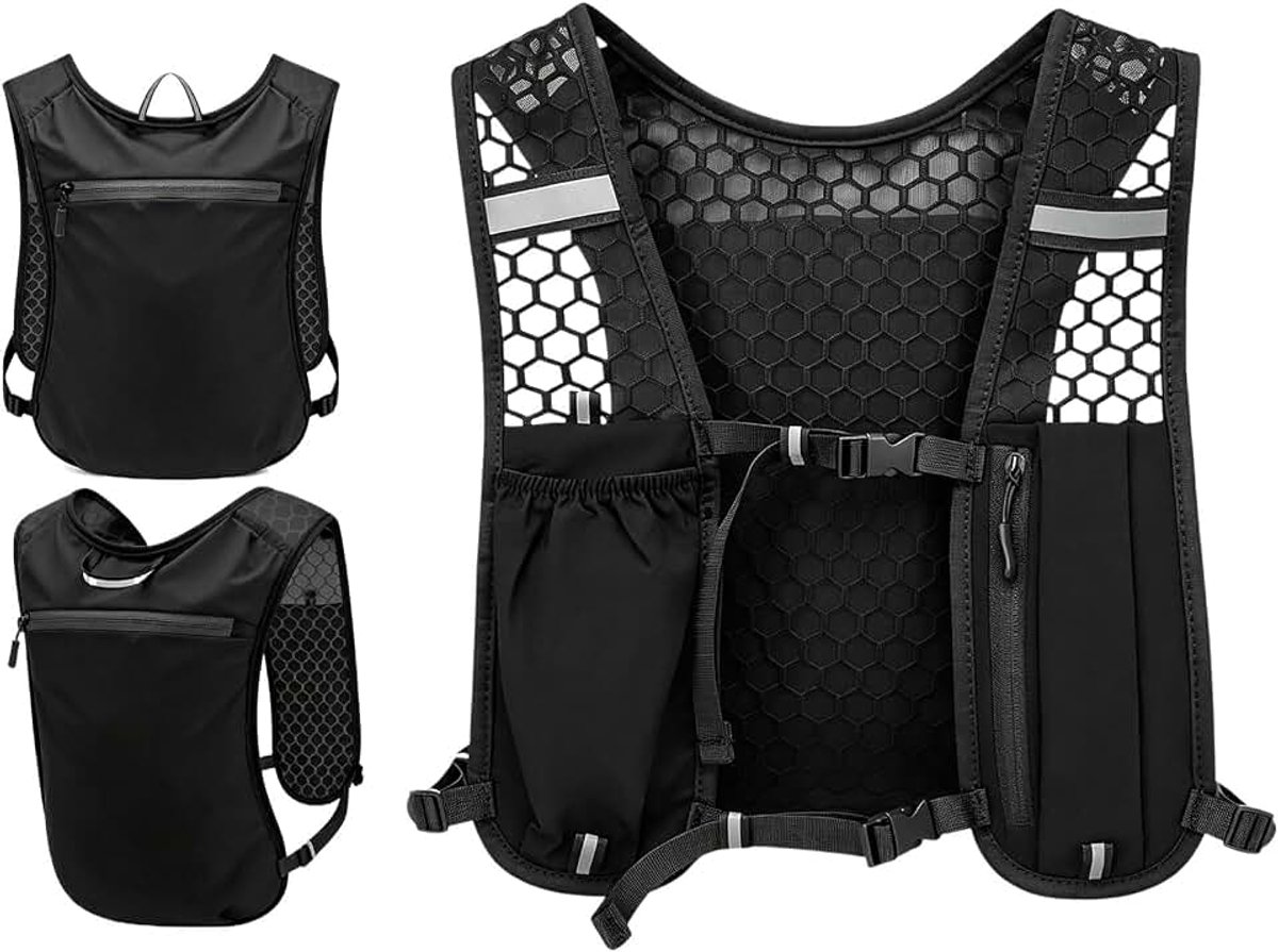 Loopvest voor dames en heren, hardlooprugzak, ultralichte looprugzak, reflecterend hardloopvest voor wandelen, hardloopvest voor trailrunning, wandelen, marathon, hardlopen, joggen, zwart