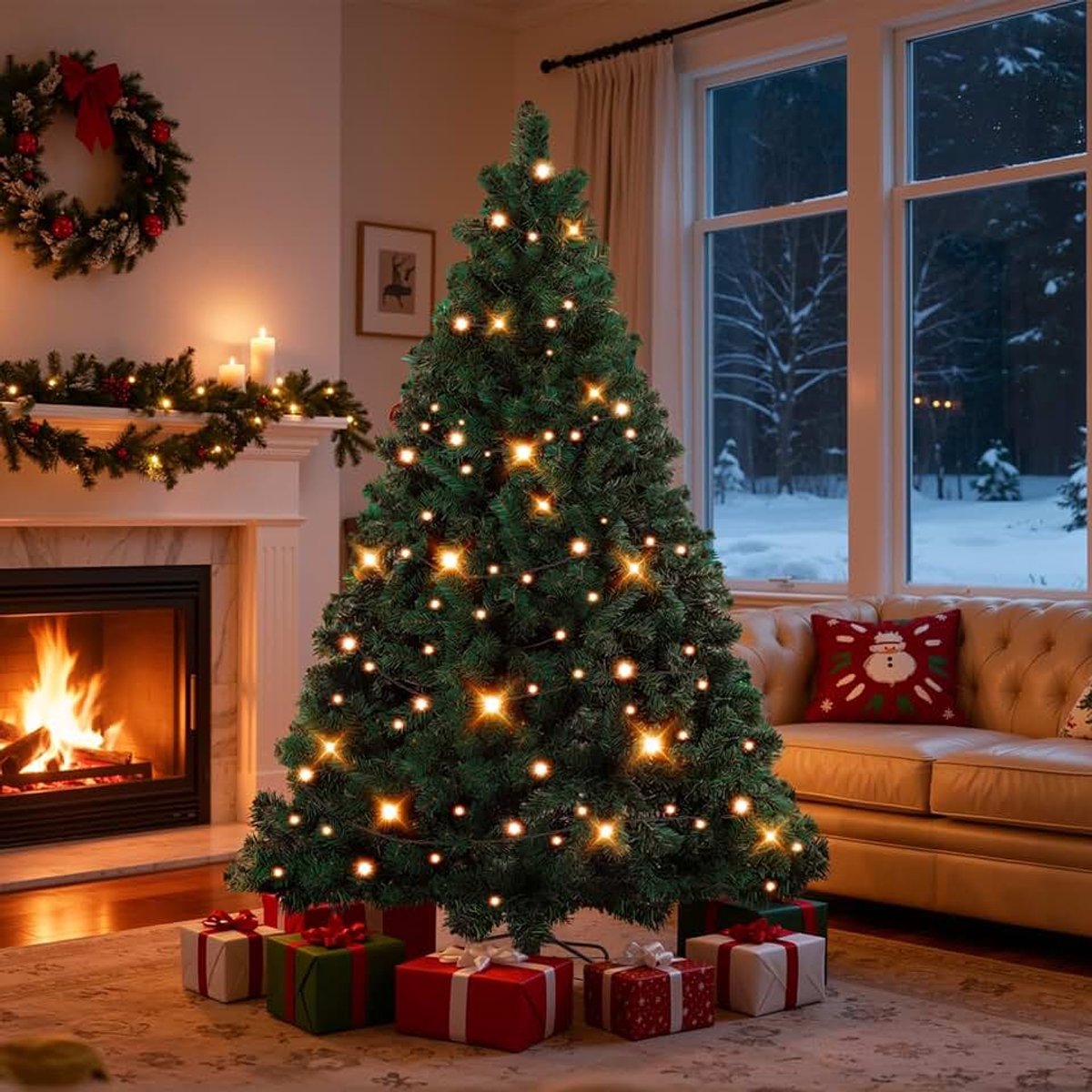 210cm Kunstkerstboom met verlichting 400 LED's warm-wit | Snel op te bouwen dennenboom 1200 twijgen | PVC kerstboom voor kerstdecoratie met metalen standaard'
