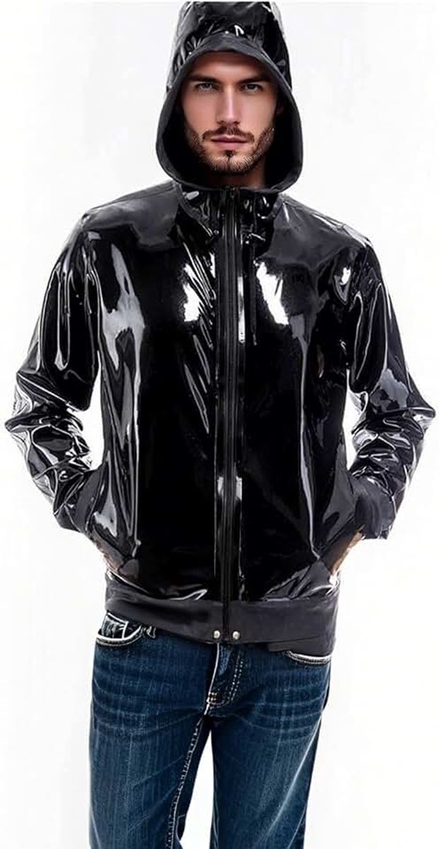 Latex Jassen voor Heren,Handgemaakte Rubberen Jas met Rits aan de Voorkant en Zak voor Feestkleding