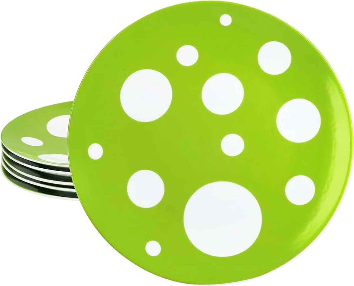 Pula Groen, set van 6 platte borden, diameter 27 cm, porseleinen eetborden met stippen voor 6 personen, grote borden voor hoofdmaaltijden, voor grillen enz