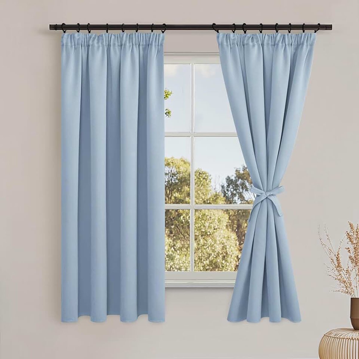 Gordijnen, ondoorzichtig, plooiband, set van 2, 140 x 160 cm (B x H), verduisteringsgordijnen met gordijnstropdassen, gordijnen woonkamer, slaapkamer, thermogordijn, bescherming tegen kou