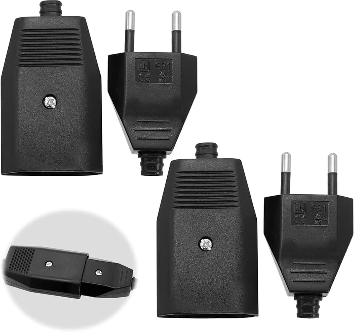 4 stuks Euro-koppeling Schuko plat, rubber, elektrische stekker, vrouwelijk, 250 V, IP20, Europese stekker, platte stekker met veiligheidscontact, universele adapterstekker, zwart