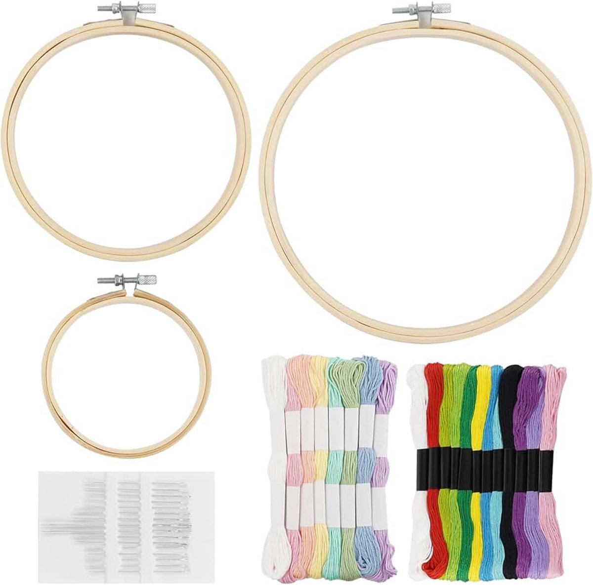 3 stuks cirkels van bamboe, ronde cirkels met doos met naalden en 20 garenkleuren, ringcirkel met kruissteek, borduurwerk, starterset, kleuren borduurgaren, voor volwassenen