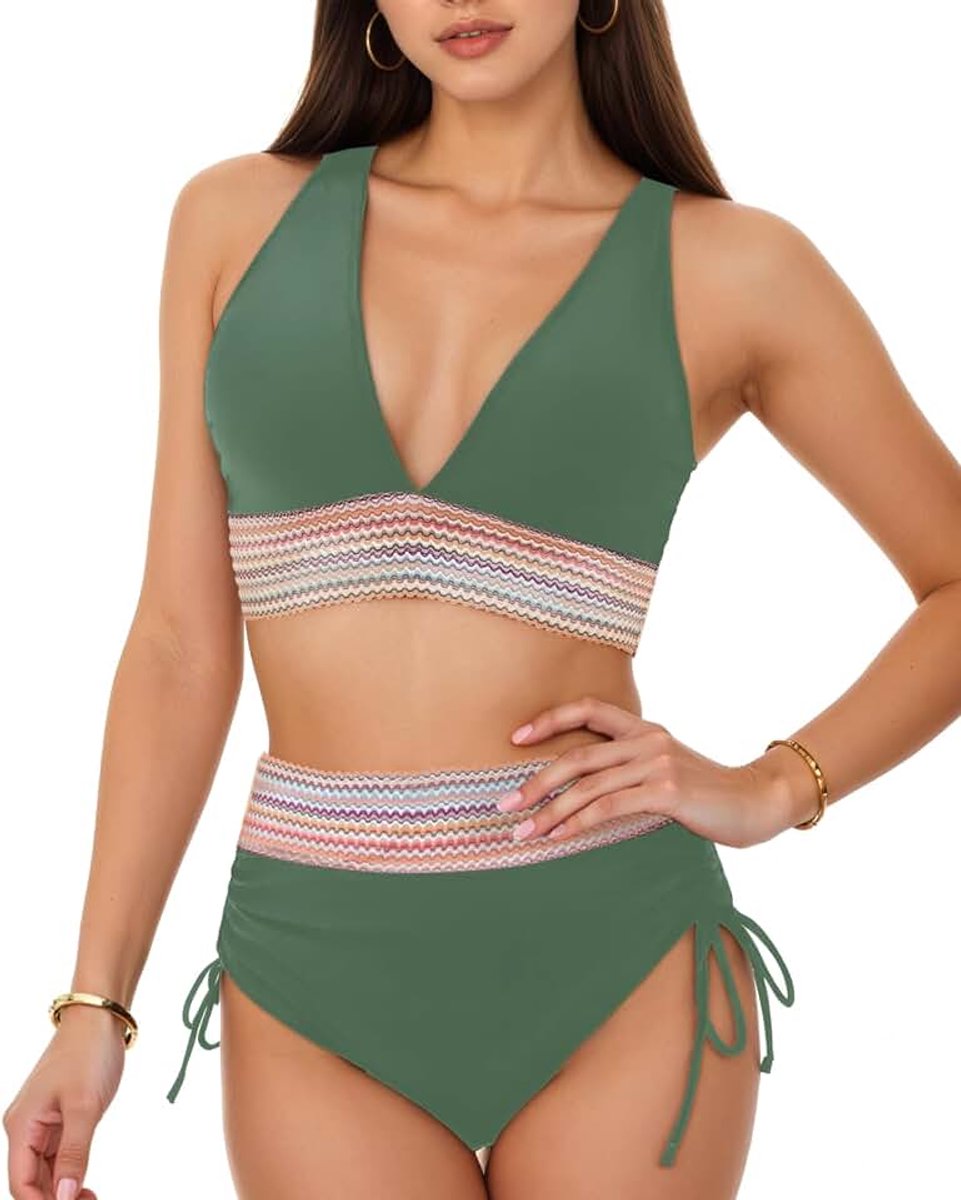Bikini-set voor dames, tweedelig, hoge taille, strandbikini, afslankeffect, met vulling, 2-delig, V-hals, push-up