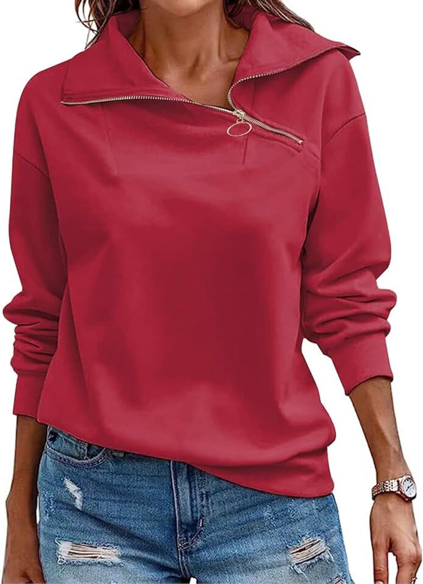 Pullover Dames Sweatshirt Herfst Kwart Ritssluiting Lange Mouwen Staande Kraag Pullover Losse Effen Casual Tops Dames | herfst, winter, lente, opstaande kraag, V-hals, casual, elegant, ritssluiting, pure kleur, basic, mode, klassiekers