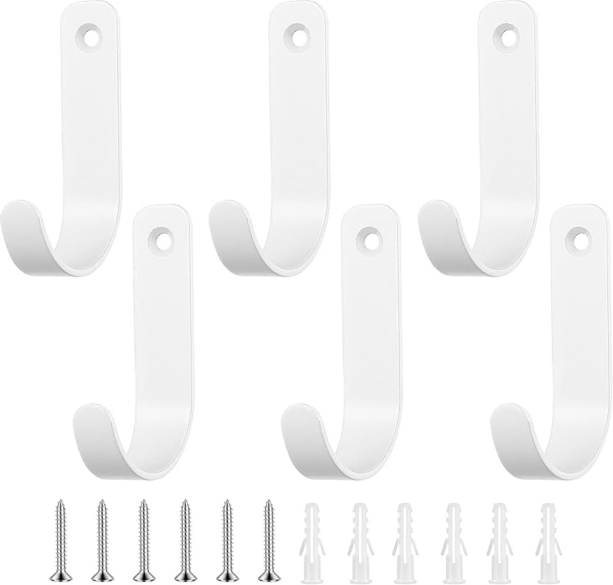 Verpakking van 6 kledinghaken, wandhaken om op te schroeven, zwarte kledinghaken voor jassen, mantels, handdoeken, handtassen, badkamer, slaapkamer, woonkamer, kledingkast (wit)