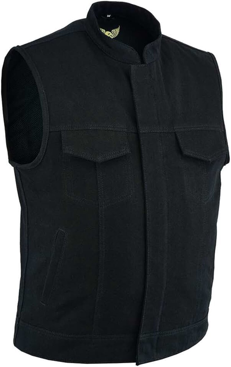 Heren lederen afwerking en zwaar denim gilet in biker stijl met diepe zakken