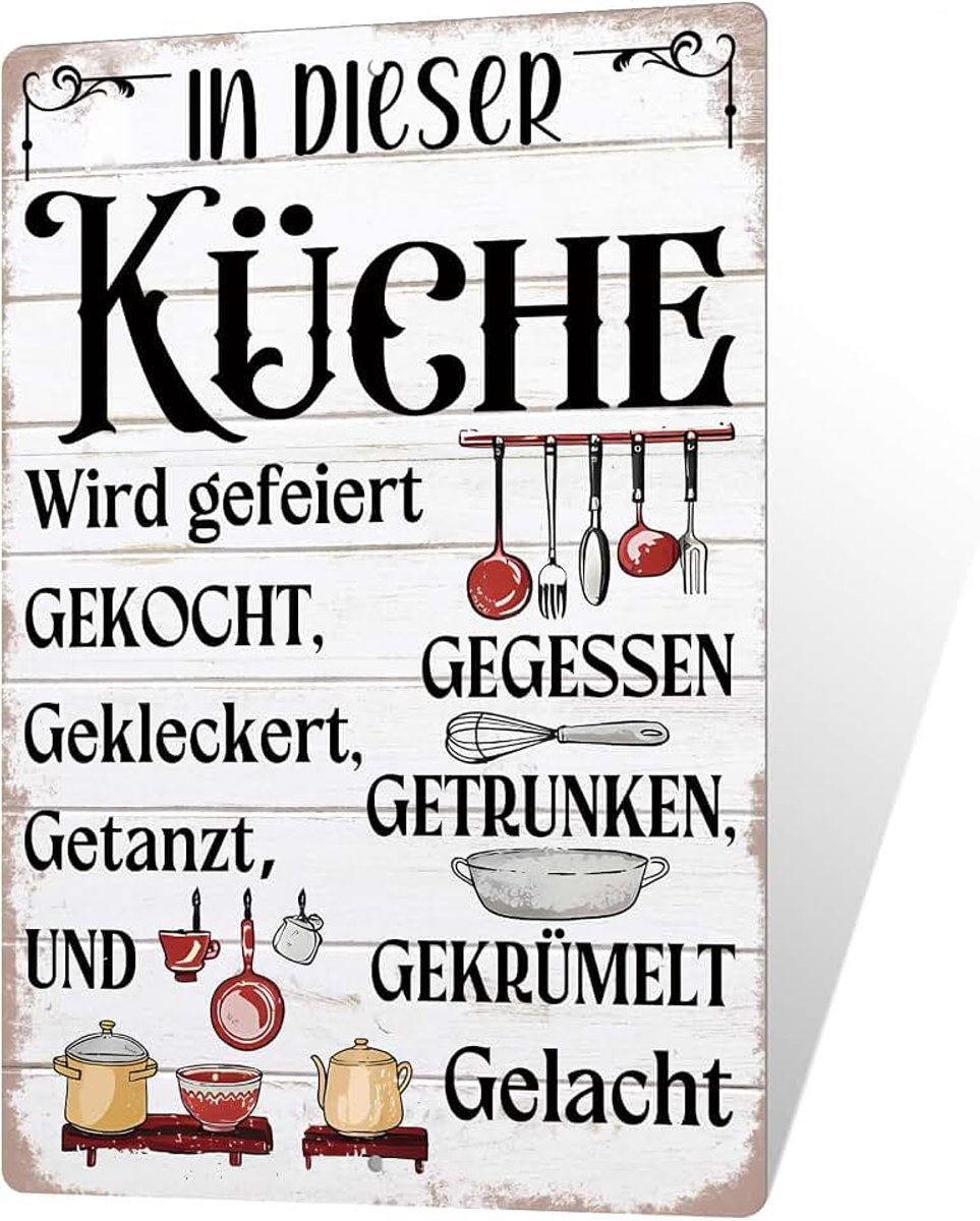 Decor Keukenbord – In deze keuken wordt gevierd – retro metalen bord voor wanddecoratie