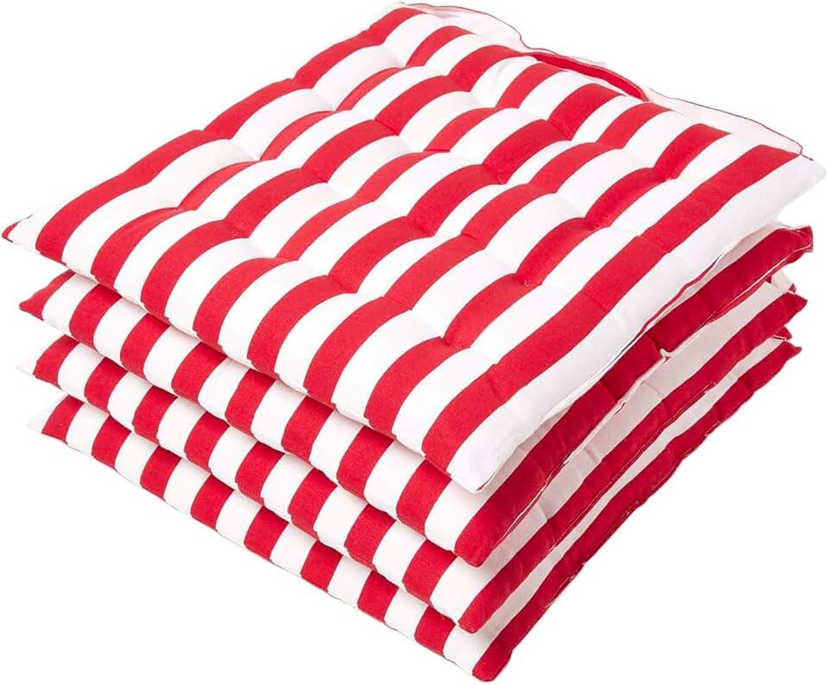 Rode en witte gestreepte zitkussen voor eetkamerstoelen Set van 4 100% katoenen stoelkussen met bandjes 40 x 40 cm