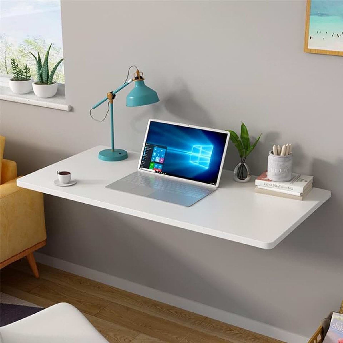 Wandbureau, wandklaptafel, zwevend houten rek, inklapbaar wandbureau, opklapbare wandplank voor eetkamer, studeerkamer, keuken, diner, wasruimte, bar enz. (wit)