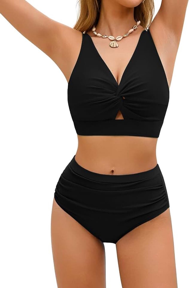 Badmode voor dames, 2-delig, gedraaid, push-up, cut-out, bikiniset, figuurvormend, platte buik, hoge taille, elegant, zwemkleding met bloemenprint