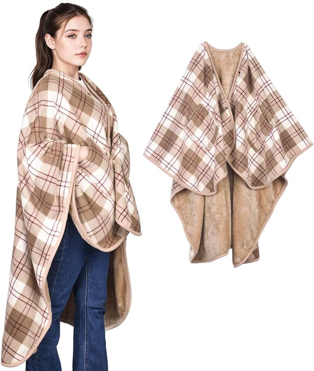 Poncho fleece draagbare deken flanel sjaal deken comfortabele poncho-sprei cape met knopen en zakken voor bed, bank, kantoor