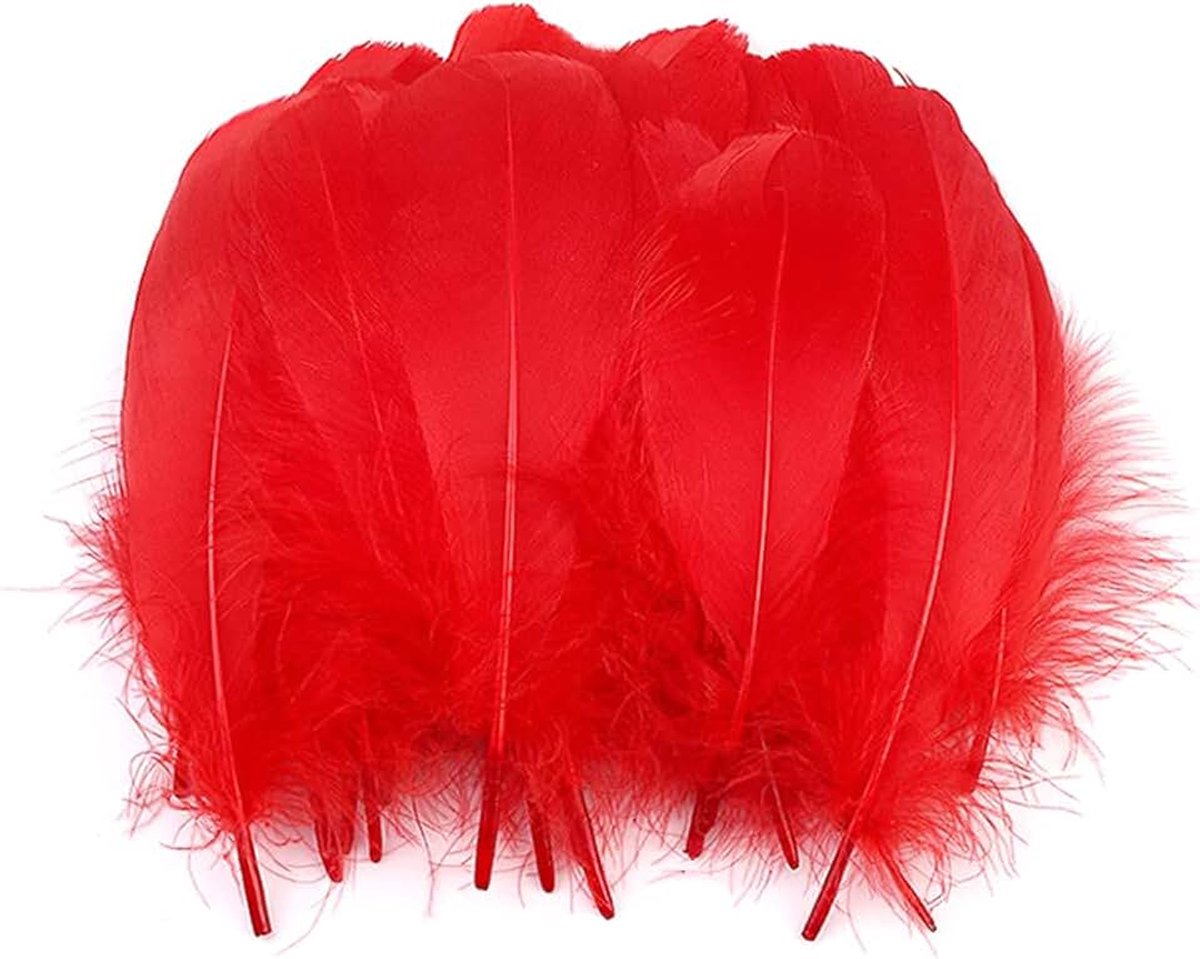 100 stuks kleurrijke veren om te knutselen, natuurlijke veren, ganzenveren, indianen, knutselveren voor doe-het-zelf kunstwerk, maskers, hoeden, oorbellen, haarsieraden, dromenvanger, bruiloft, carnaval, feestdecoratie, 12-18 cm, rood