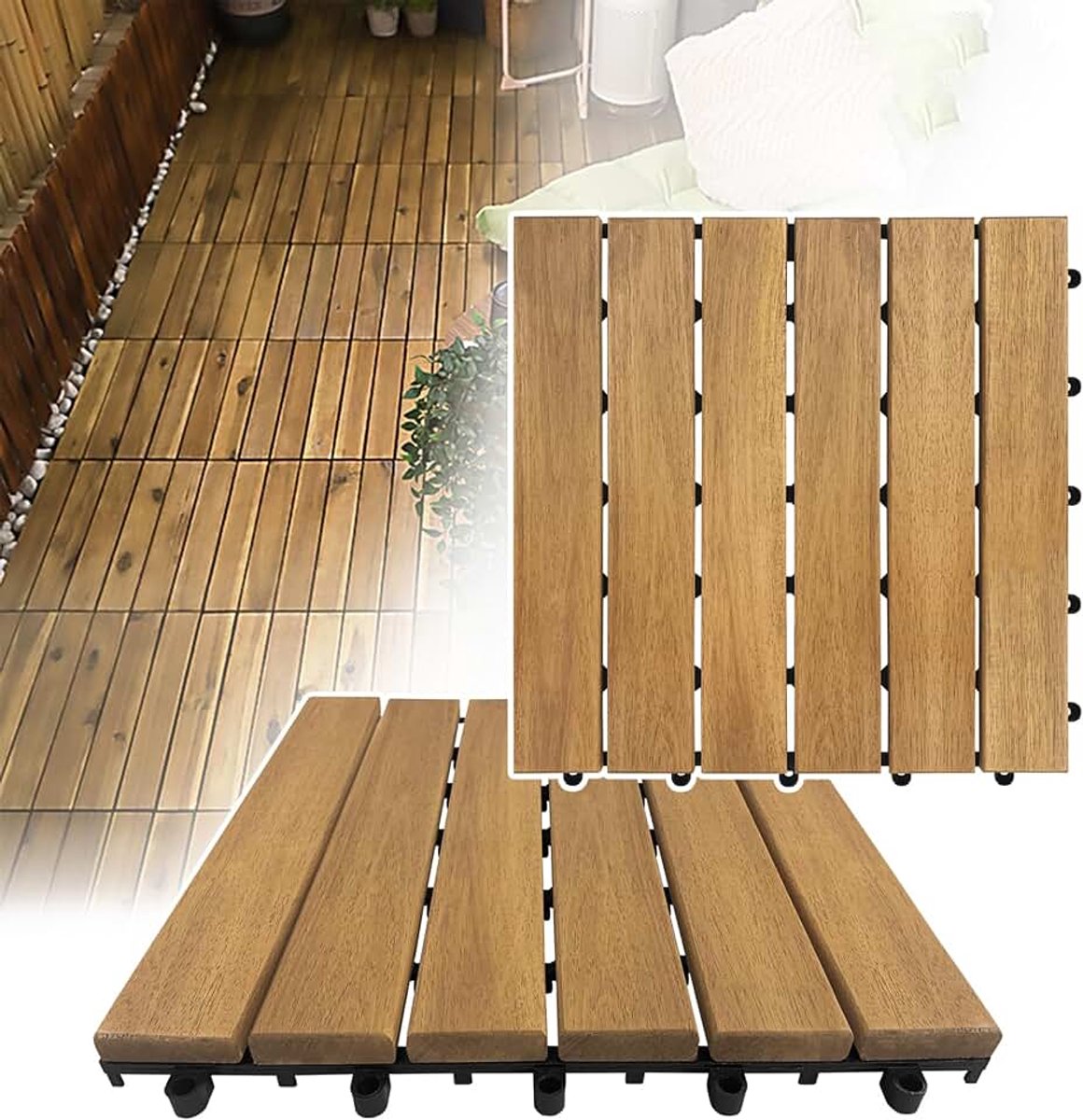 Houten Tegels Set, 30x30cm Houten Tegels, Waterdichte Hardhouten Vloeren met Drainage en Kliksysteem, Corrosiebestendige Balkontegels, Antislip Vloerbedekking, Bruin (Type A, 4㎡)