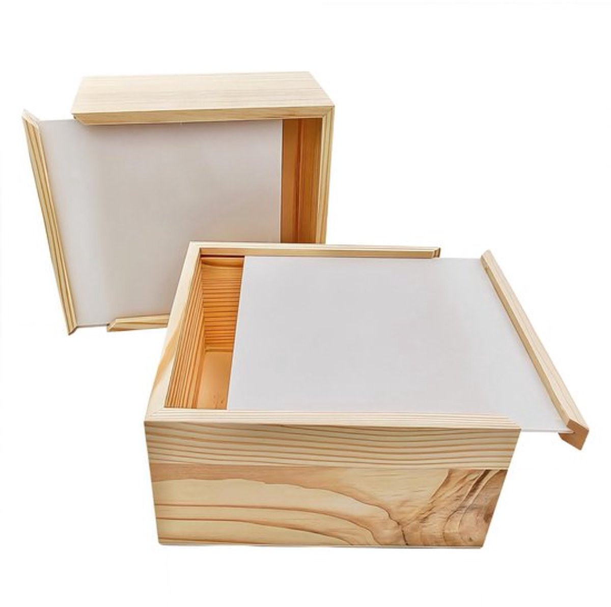 Opbergdozen Set van 2 - Houten Dozen met Transparante Sliding Deksel - DIY Craft Opslag - Decoratieve Organizer - Afmetingen 15 x 15 x 8 cm - Opbergbox