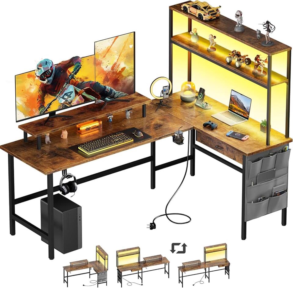 L-vormig Gamingbureau met LED en Stopcontacten, 150 x 100 cm, Bruin | Omkeerbaar, Monitorstandaard, Opbergplanken Planken, Hoofdtelefoonhaak, Bekerhouder voor Gaming, Thuiskantoor